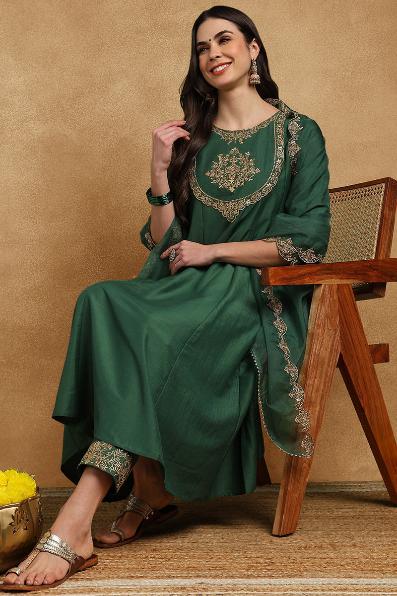 Green Silk Blend Solid Embroidered Anarkali Suit Set | SHOBITAM