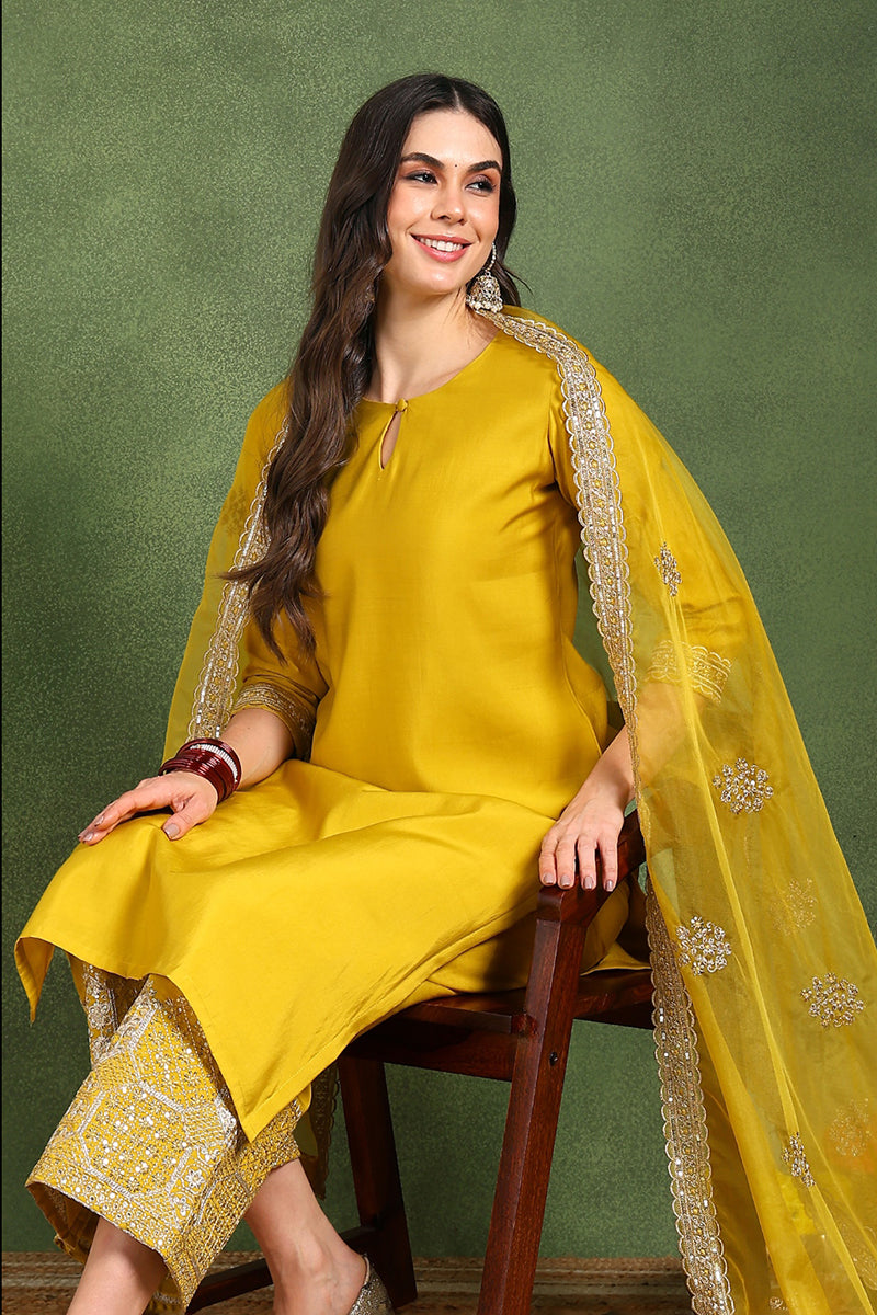 Yellow Silk Blend Solid Straight Suit Set With Palazzo Style Bottom | SHOBITAM