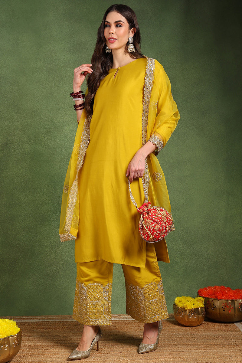 Yellow Silk Blend Solid Straight Suit Set With Palazzo Style Bottom | SHOBITAM