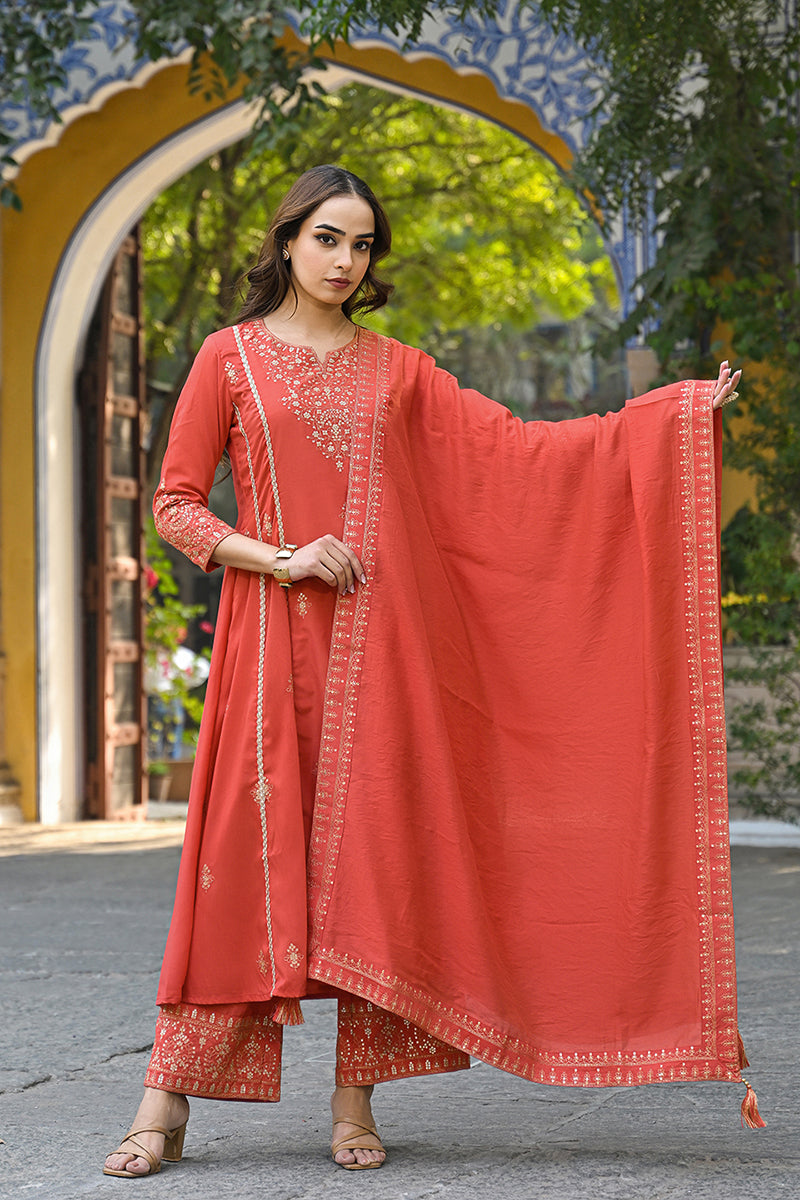 Orange Silk Blend Solid Embroidered Anarkali Suit Set | SHOBITAM