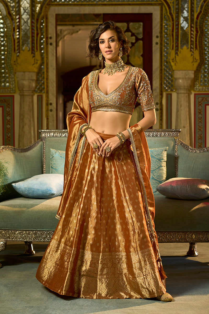 Orange Silk Blend Embroidered Flared Lehenga Choli With Dupatta | SHOBITAM