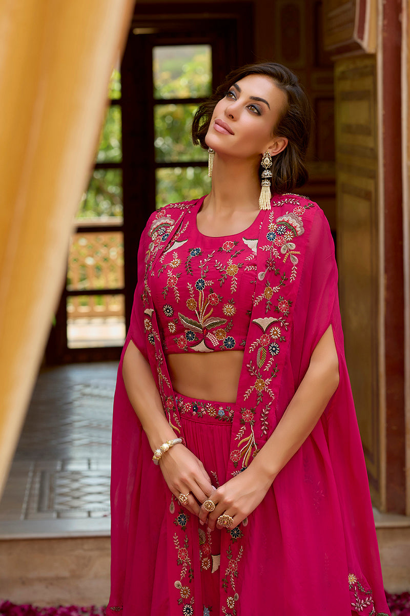 Pink Silk Blend Embroidered Straighit Top Skirt With Shrug | SHOBITAM
