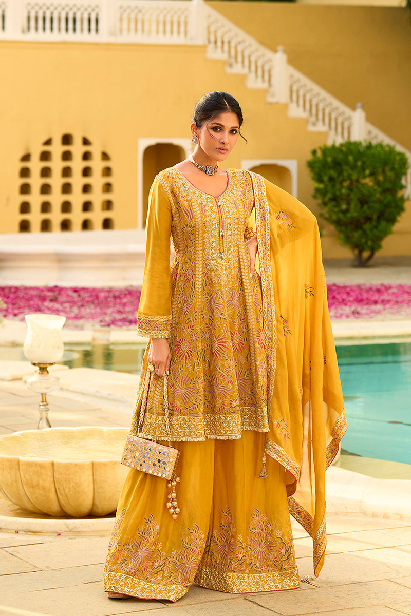 Yellow Chinon Chiffon Embroidered Anarkali Kurta Sharara with Dupatta | SHOBITAM