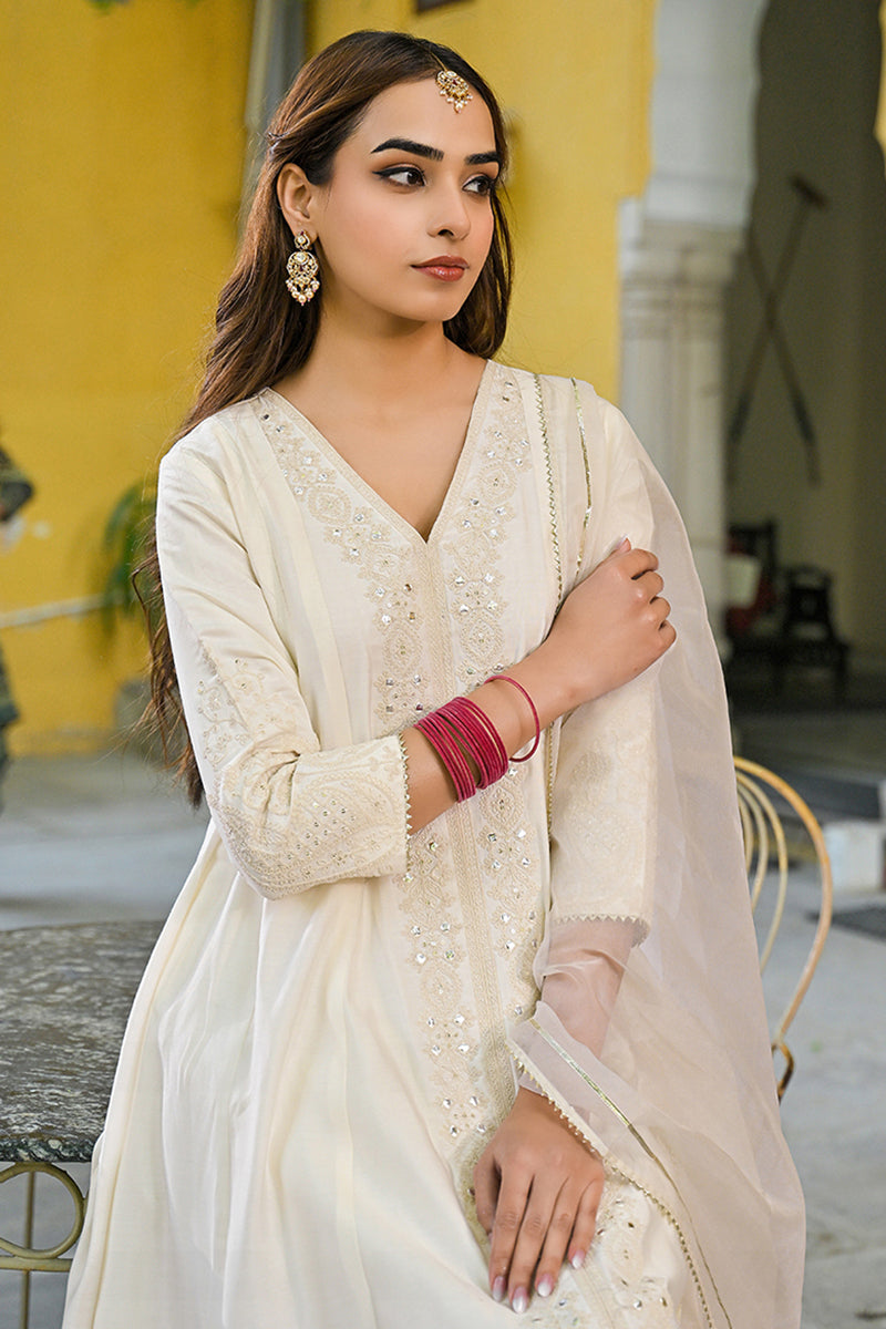 Off White Silk Blend Solid Embroidered A-Line Kurta Trousers With Dupatta | SHOBITAM
