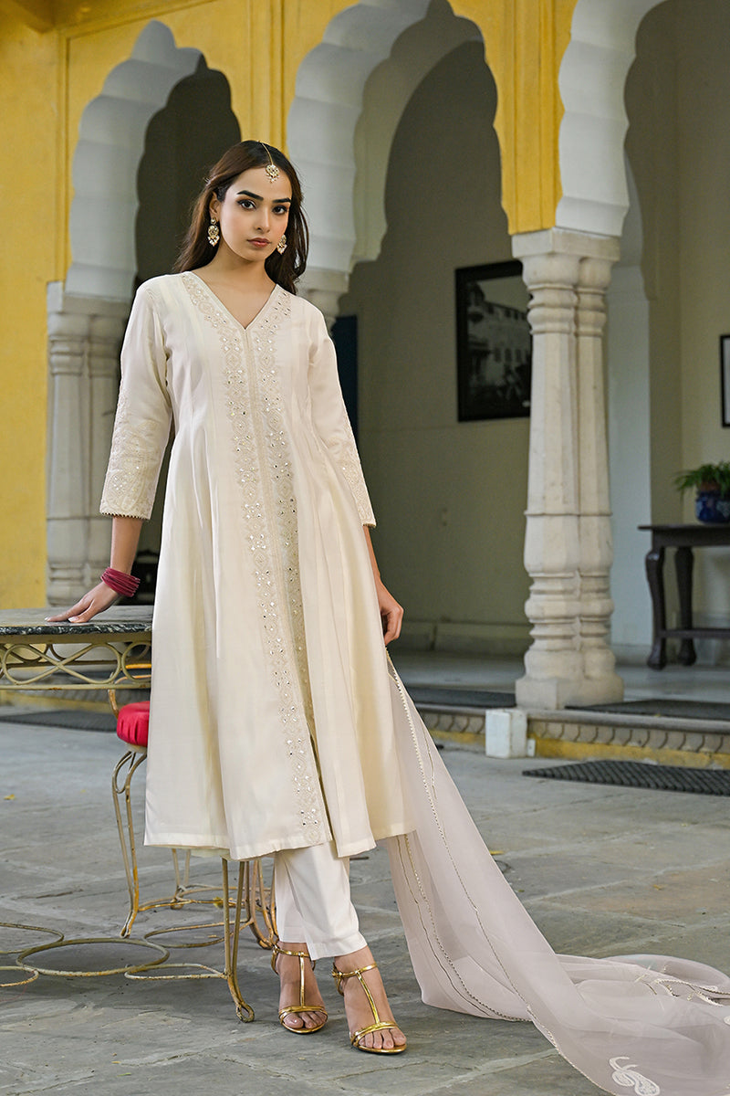 Off White Silk Blend Solid Embroidered A-Line Kurta Trousers With Dupatta | SHOBITAM