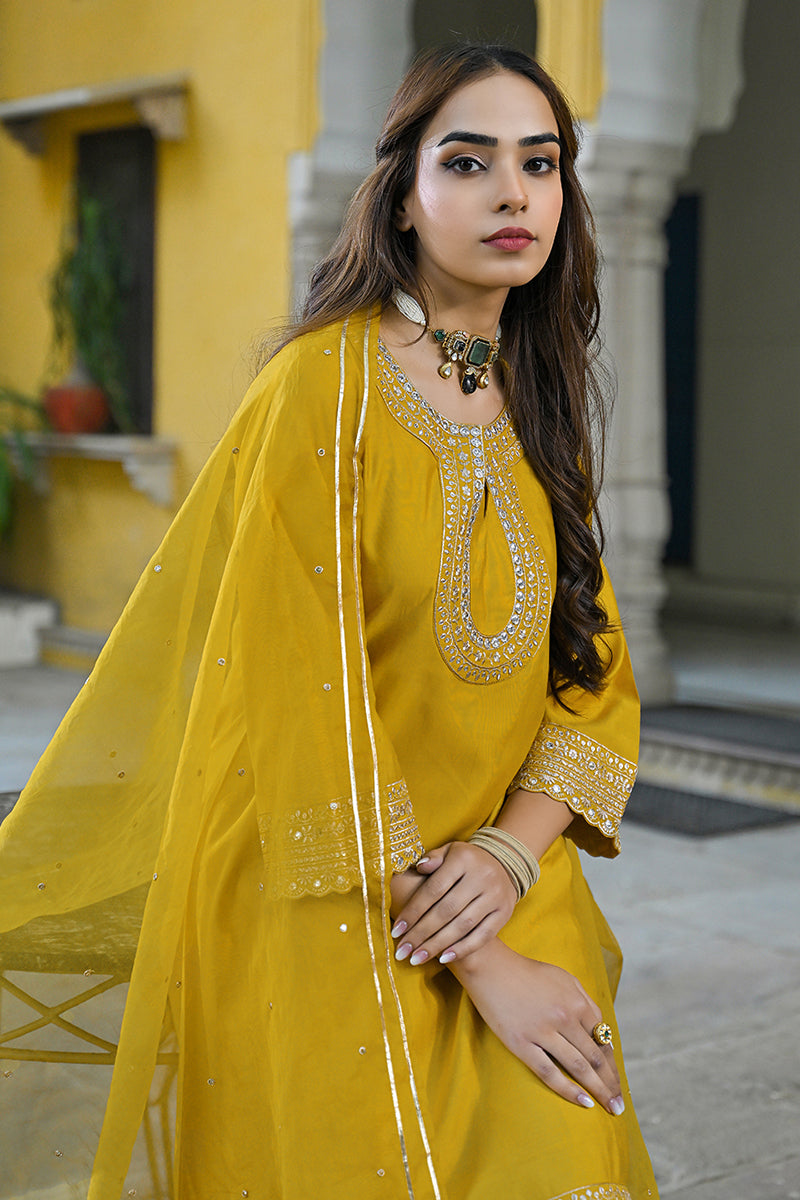 Mustard Silk Blend Solid Embroidered A-Line Kurta Trousers With Dupatta | SHOBITAM