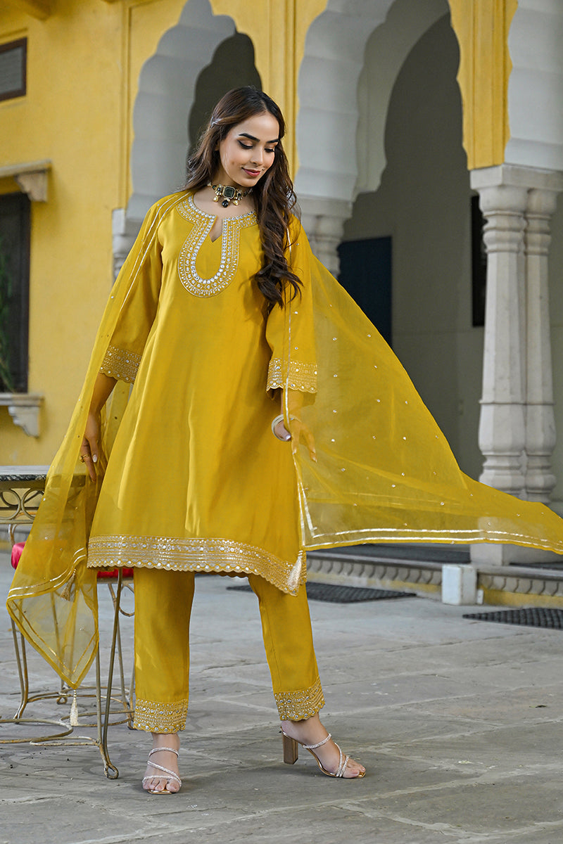 Mustard Silk Blend Solid Embroidered A-Line Kurta Trousers With Dupatta | SHOBITAM