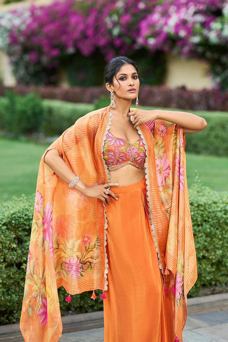 Orange Silk Blend Embroidered Straighit Top Skirt With Shrug | SHOBITAM