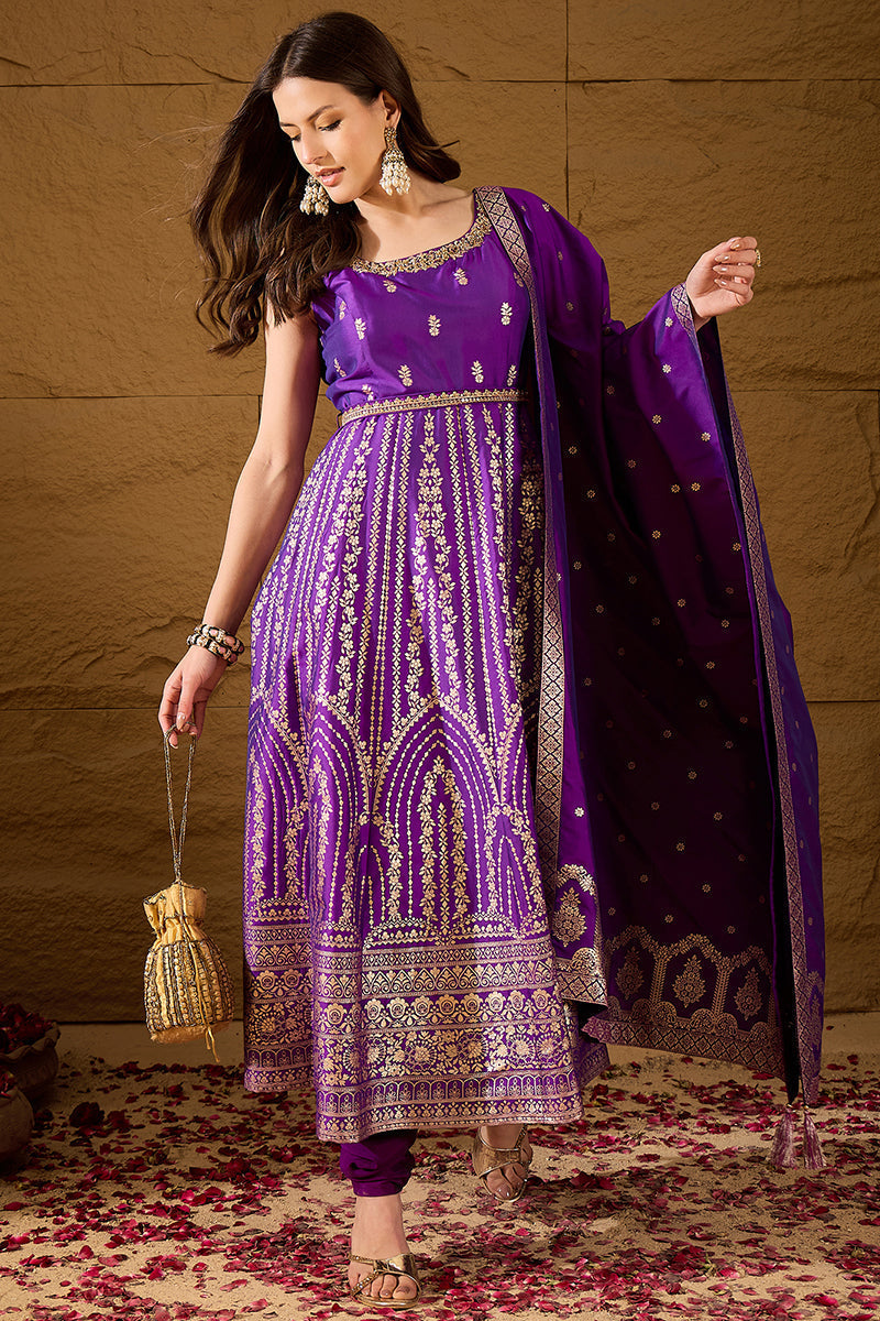 Purple Silk Blend Solid Woven Design Anarkali Kurta Churidar With Dupatta | SHOBITAM