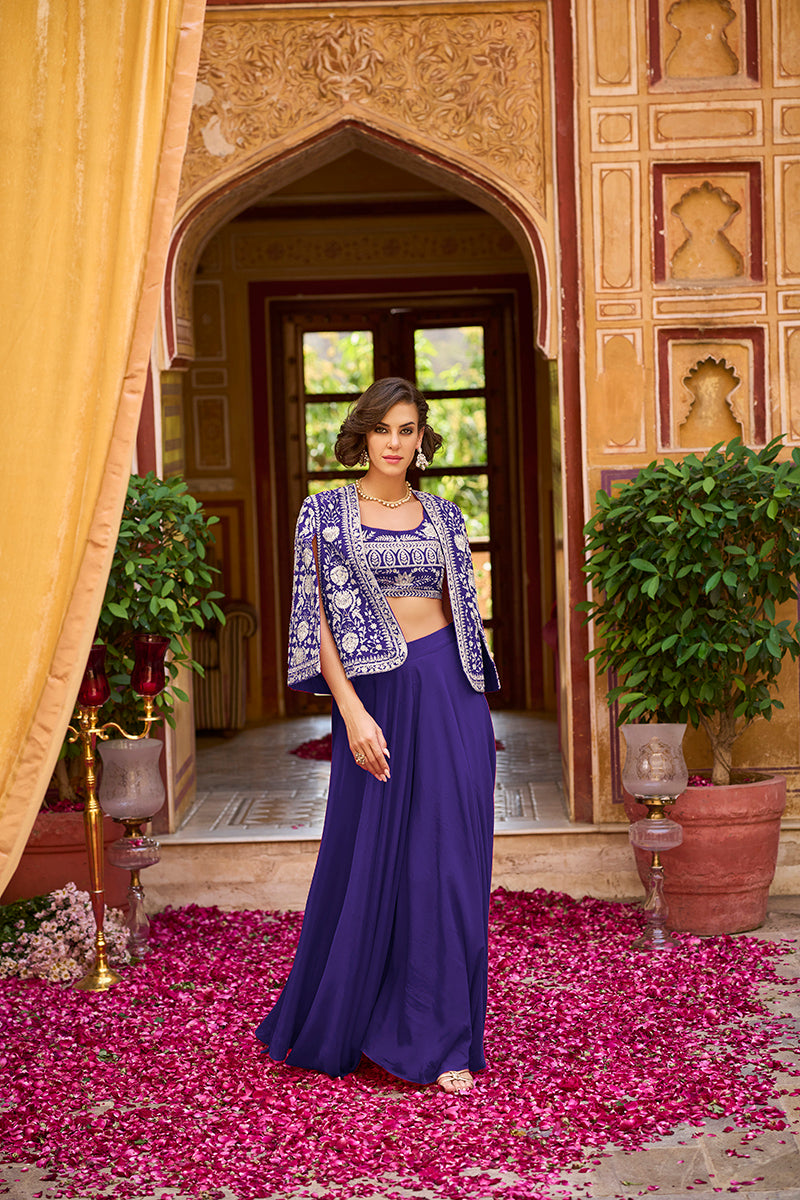 Blue Silk Blend Embroidered Flared Top Bottom With Shrug | SHOBITAM