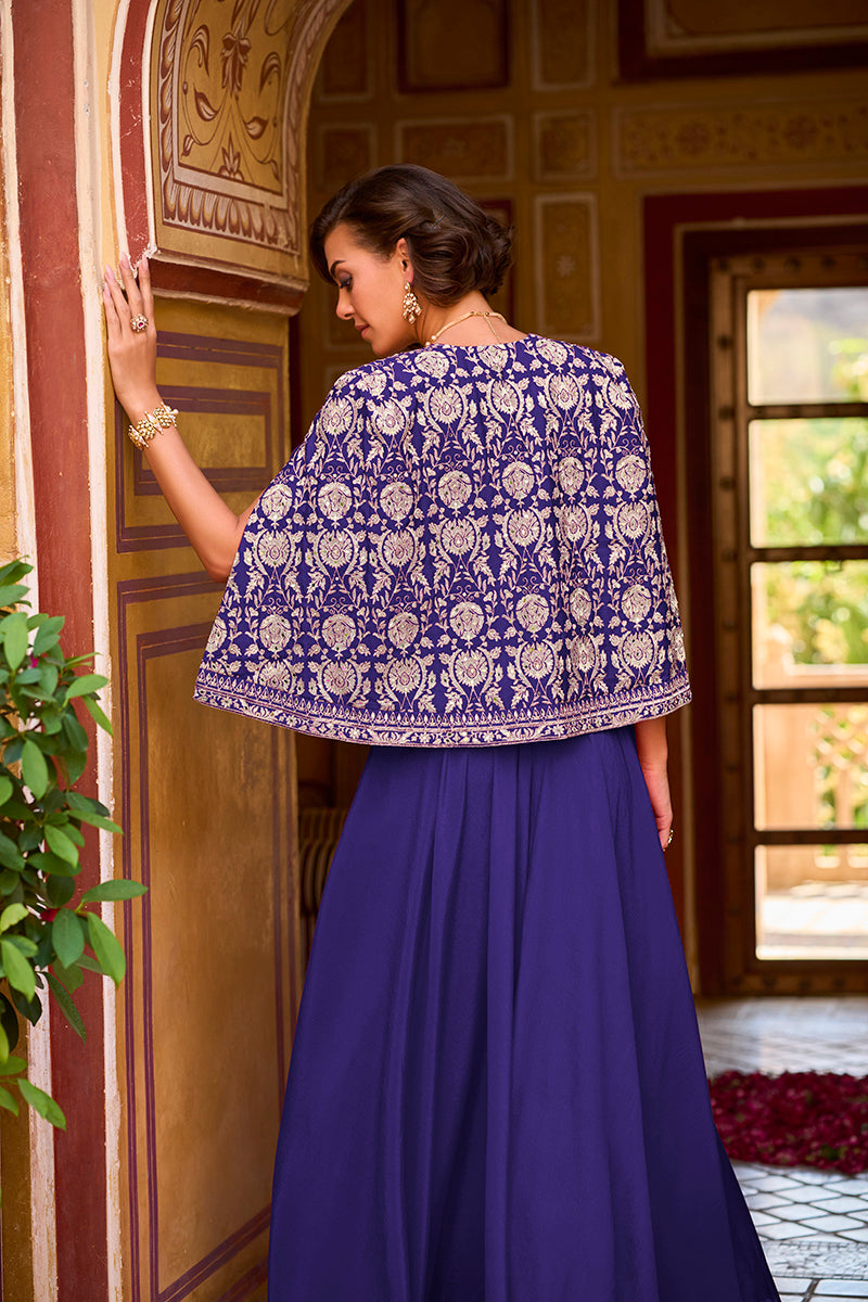 Blue Silk Blend Embroidered Flared Top Bottom With Shrug | SHOBITAM