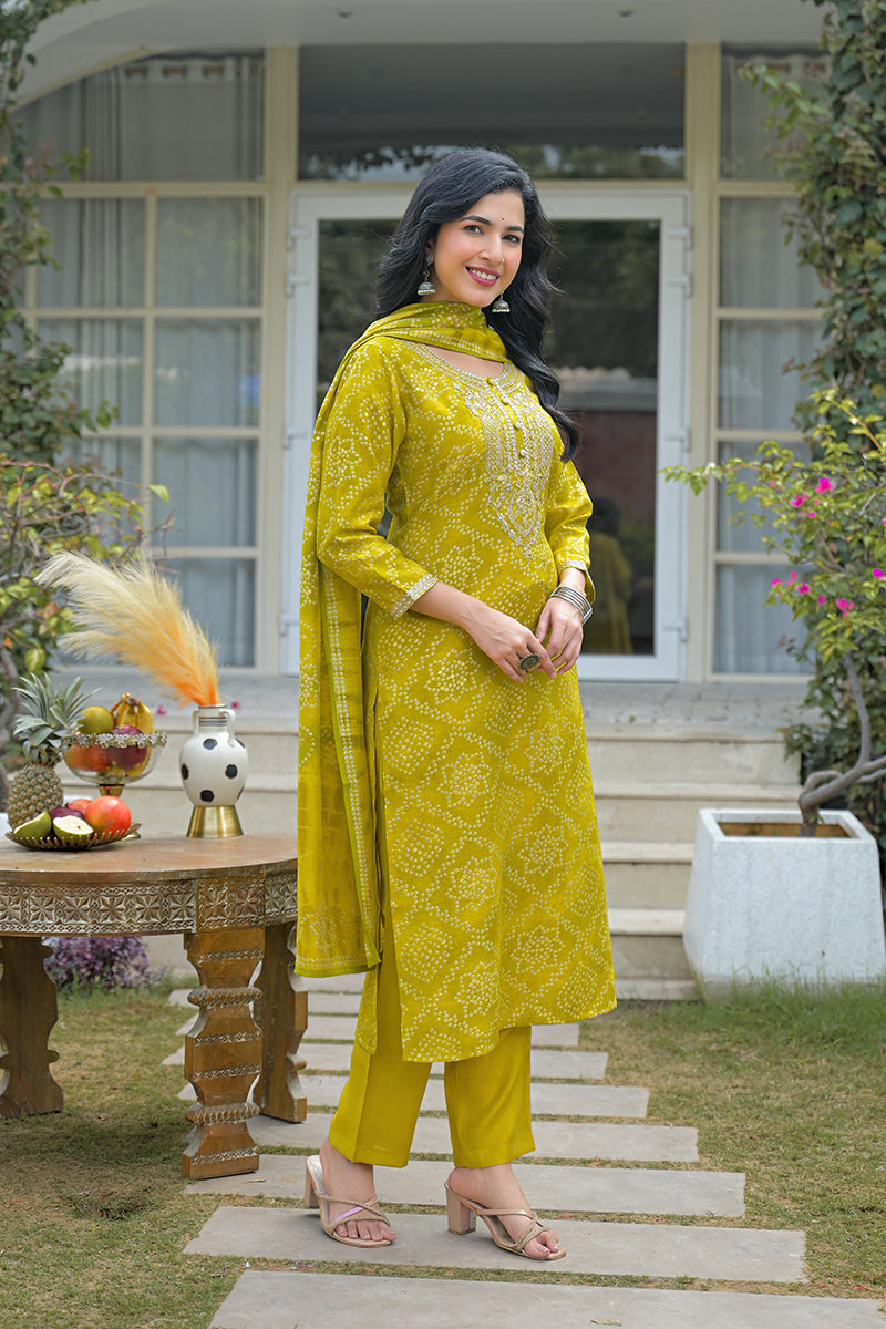 Yellow Silk Blend Bandhani Embroidered Straight Kurta Trousers With Dupatta | SHOBITAM