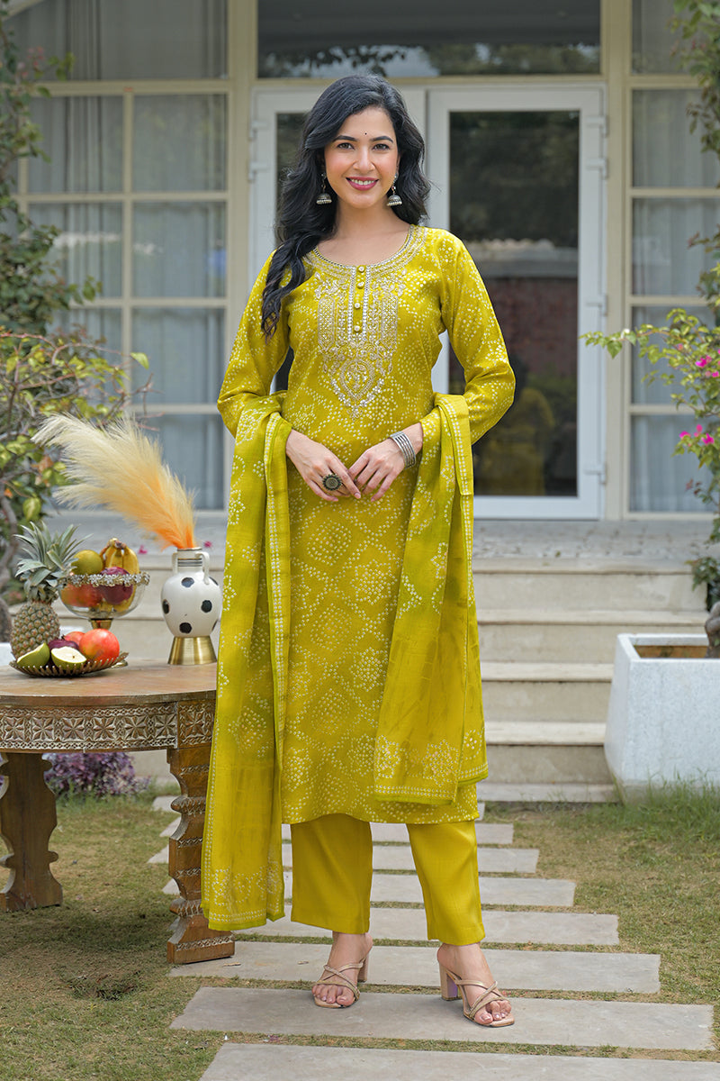 Yellow Silk Blend Bandhani Embroidered Straight Kurta Trousers With Dupatta | SHOBITAM