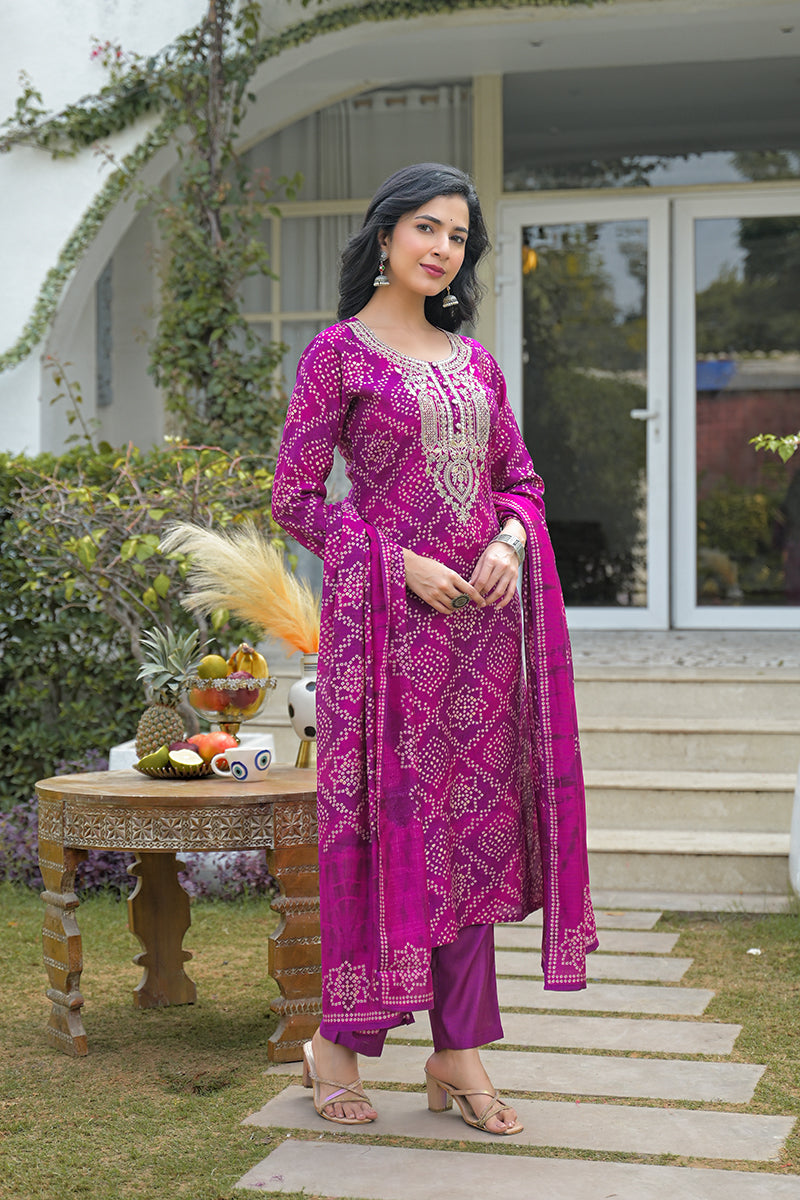 Purple Silk Blend Bandhani Embroidered Straight Kurta Trousers With Dupatta | SHOBITAM