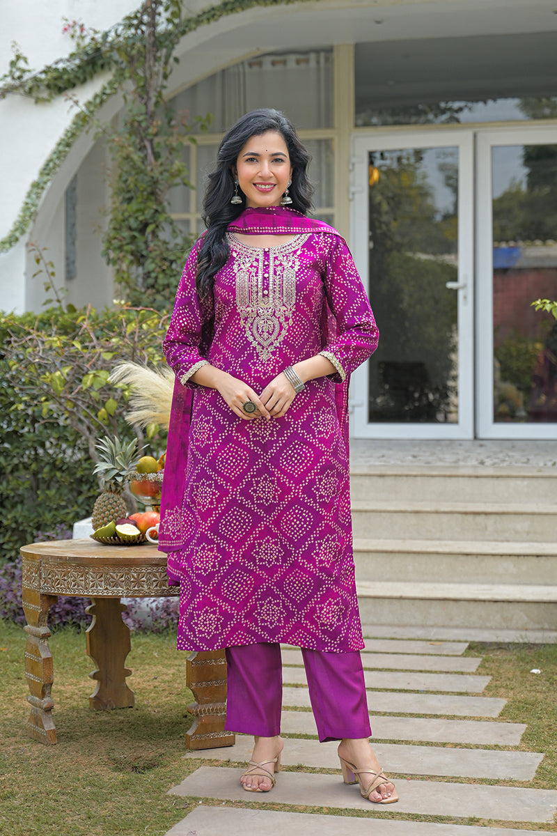 Purple Silk Blend Bandhani Embroidered Straight Kurta Trousers With Dupatta | SHOBITAM