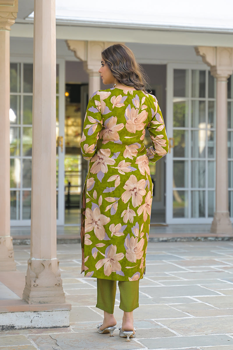 Green Viscose Floral Embroidered Straight Kurta Trousers With Dupatta | SHOBITAM