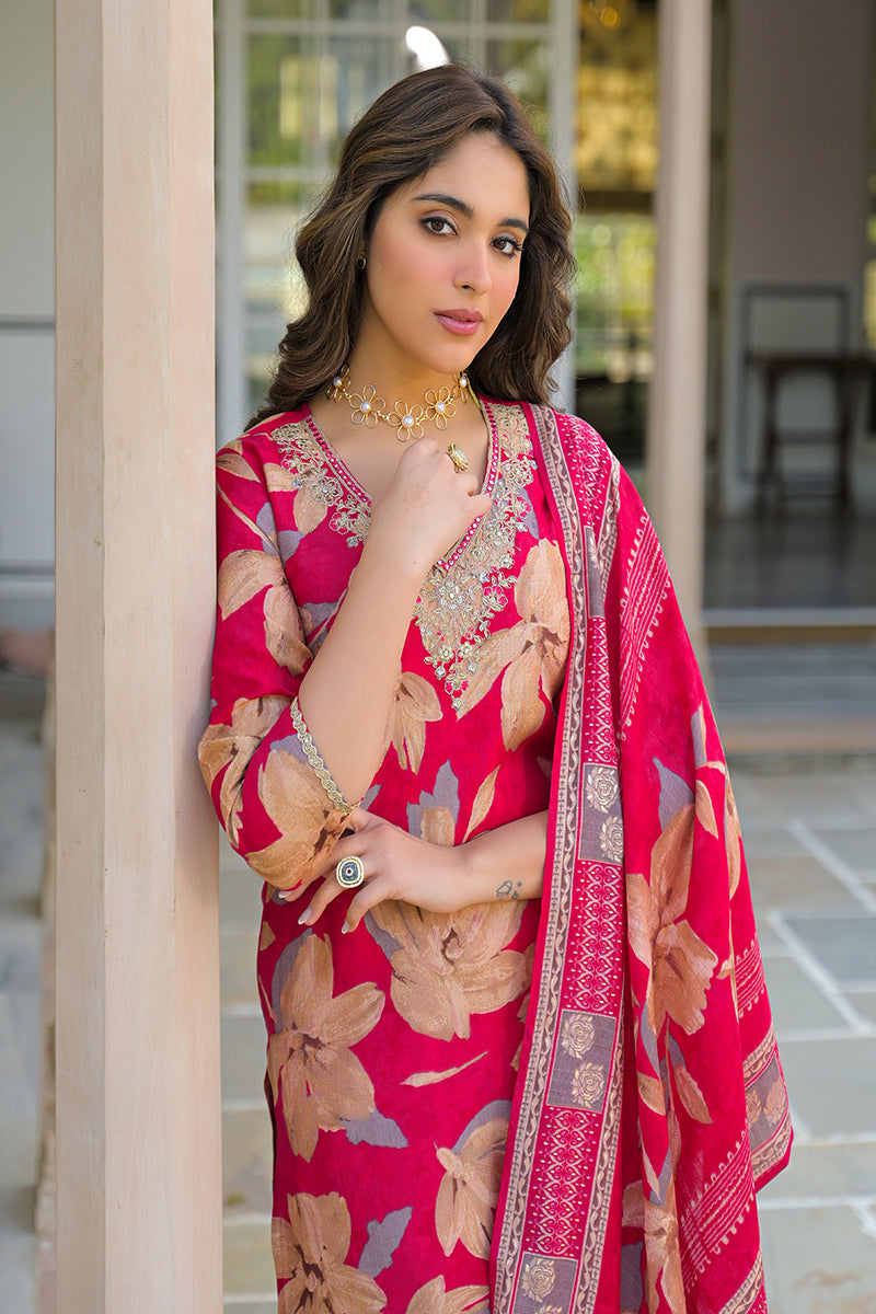 Pink Viscose Floral Embroidered Straight Kurta Trousers With Dupatta | SHOBITAM