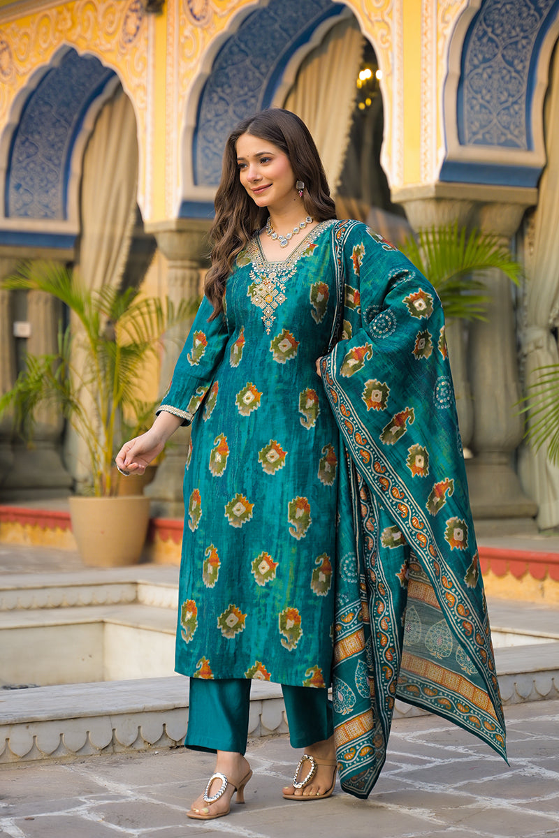 Teal Viscose Embroidered Straight Kurta Trousers With Dupatta | SHOBITAM