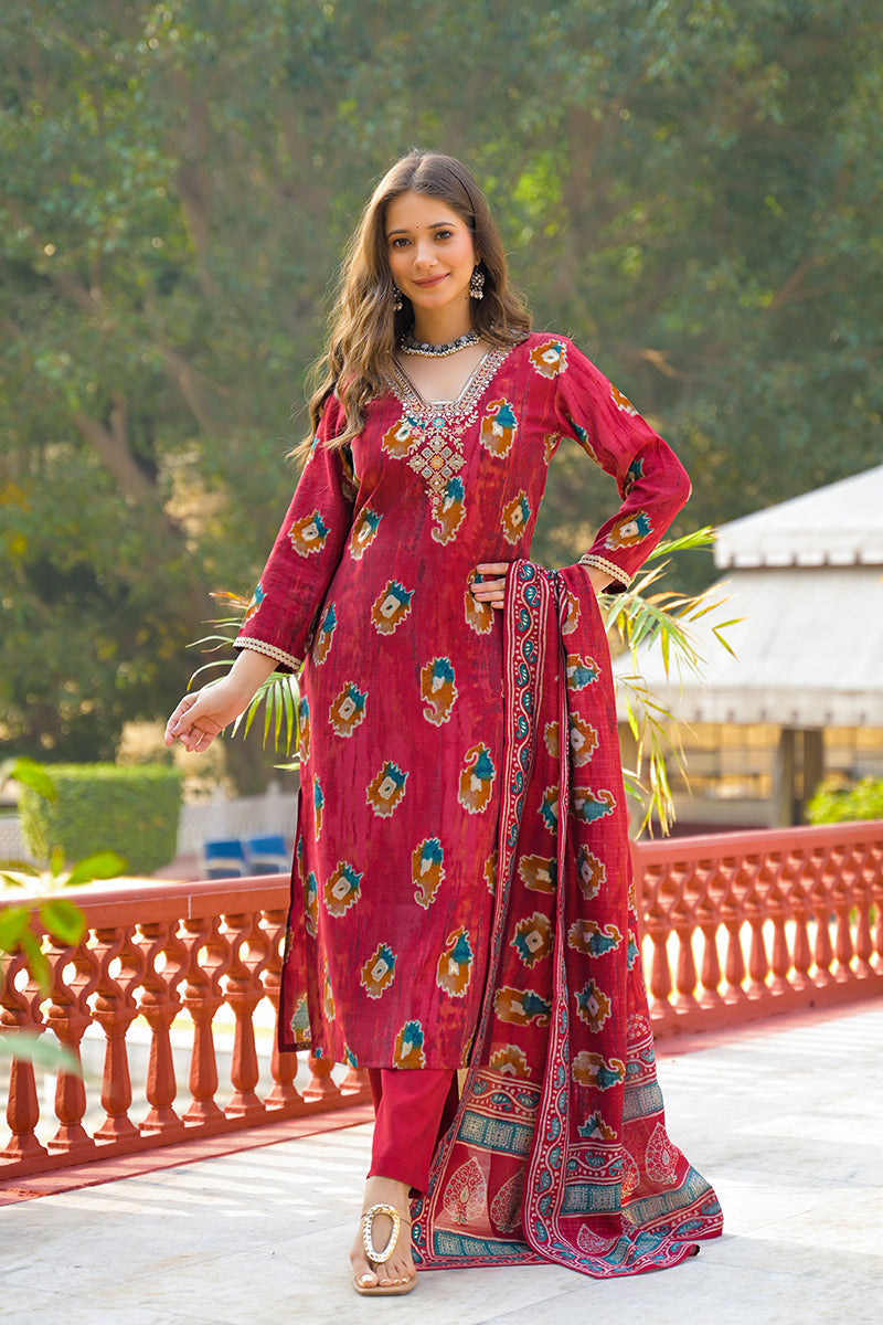 Maroon Viscose Embroidered Straight Kurta Trousers With Dupatta | SHOBITAM