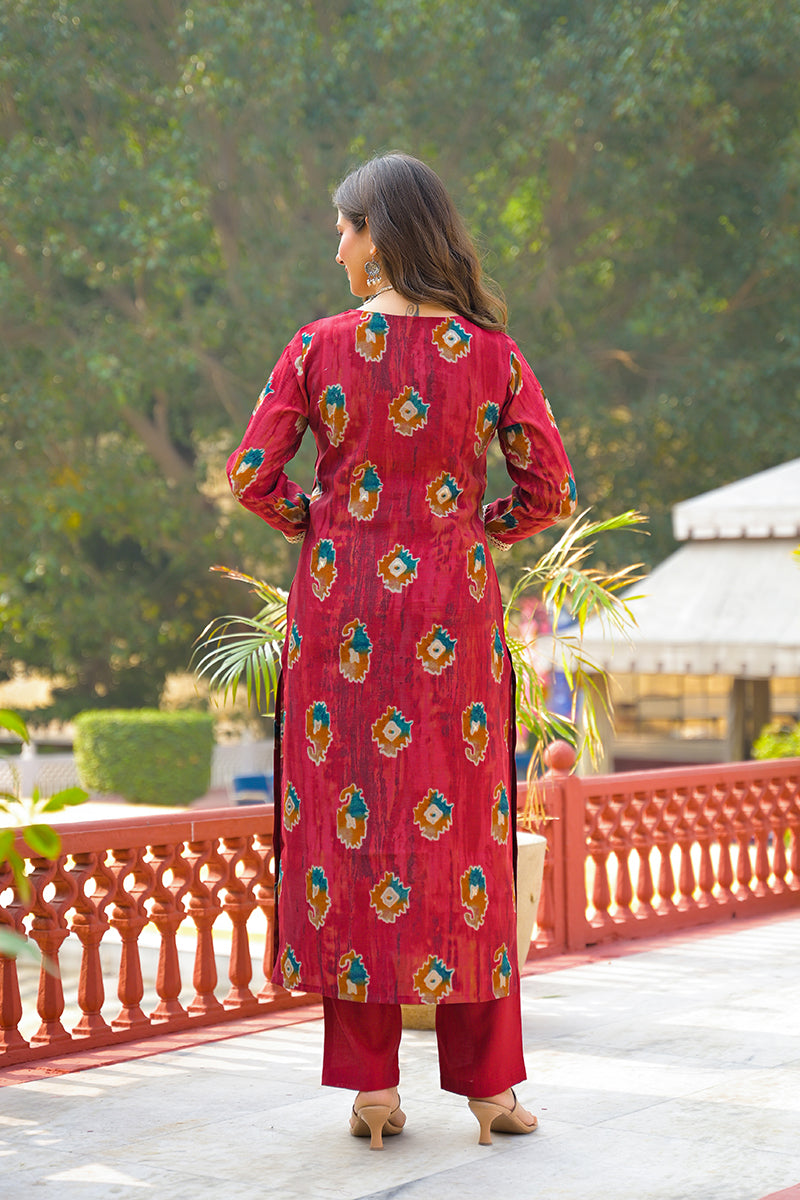 Maroon Viscose Embroidered Straight Kurta Trousers With Dupatta | SHOBITAM