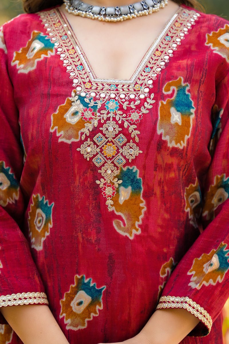 Maroon Viscose Embroidered Straight Kurta Trousers With Dupatta | SHOBITAM