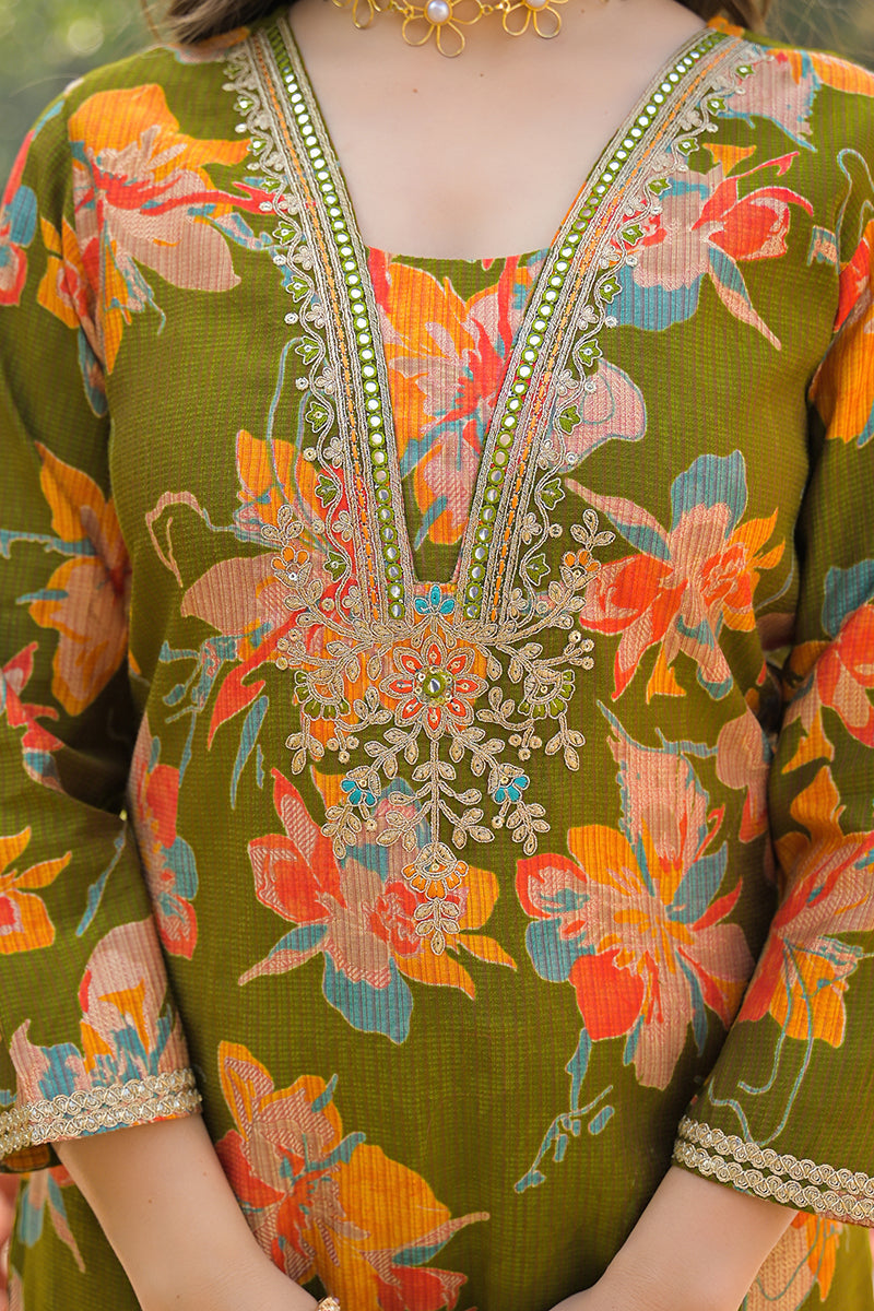 Green Viscose Floral Printed Straight Kurta Trousers With Dupatta | SHOBITAM