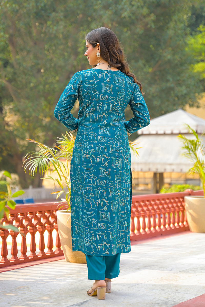 Blue Viscose Ethnic Motifs Printed Straight Kurta Trousers With Dupatta | SHOBITAM