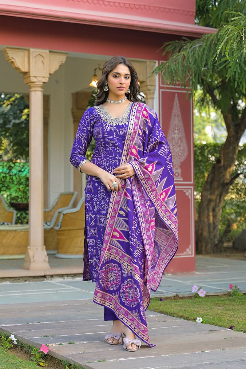 Purple Viscose Ethnic Motifs Printed Straight Kurta Trousers With Dupatta| SHOBITAM