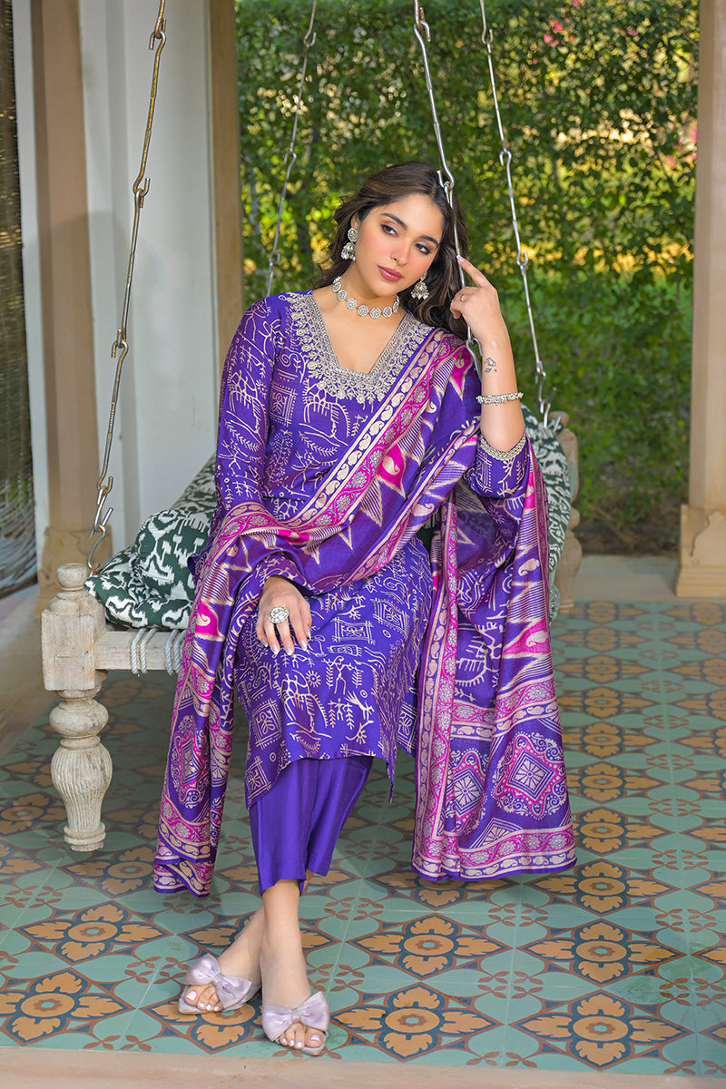 Purple Viscose Ethnic Motifs Printed Straight Kurta Trousers With Dupatta| SHOBITAM