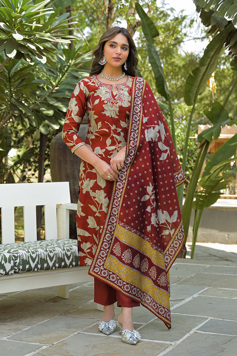 Brown Viscose Rayon Embroidered Straight Kurta Trousers With Dupatta | SHOBITAM