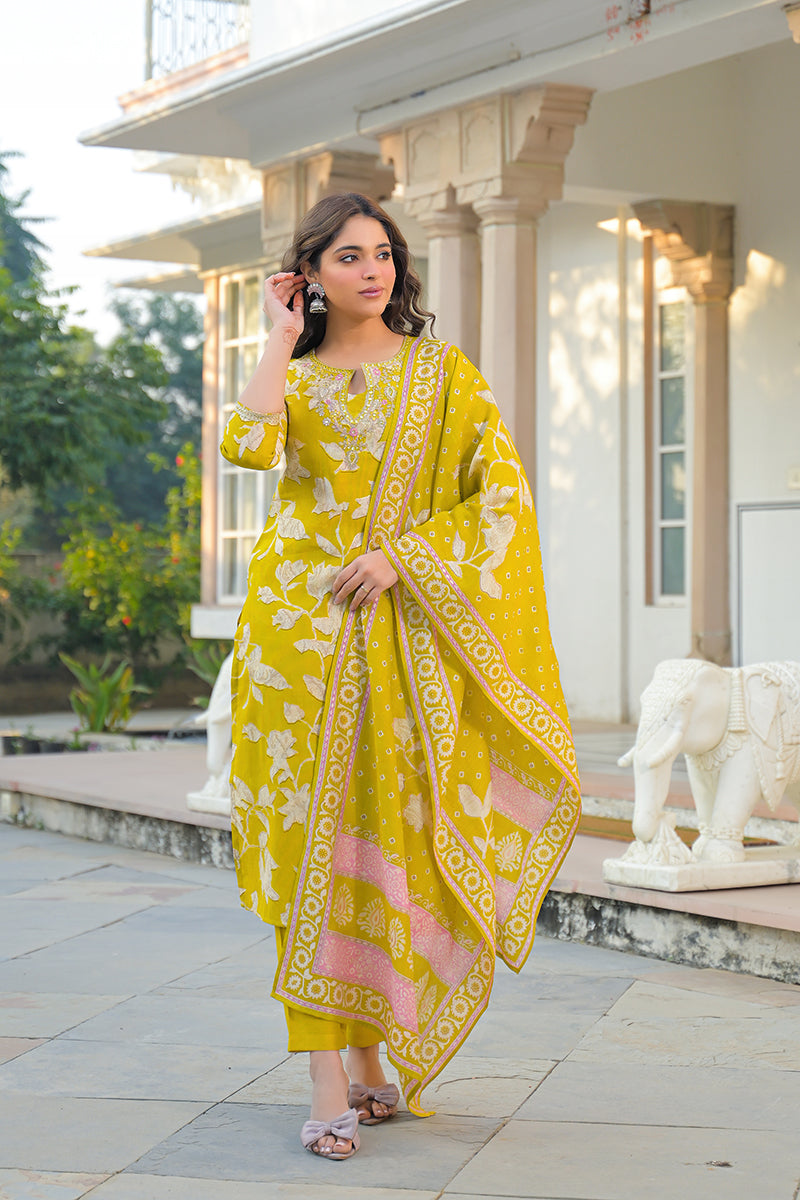 Yellow Viscose Rayon Floral Printed Straight Kurta Trousers With Dupatta | SHOBITAM