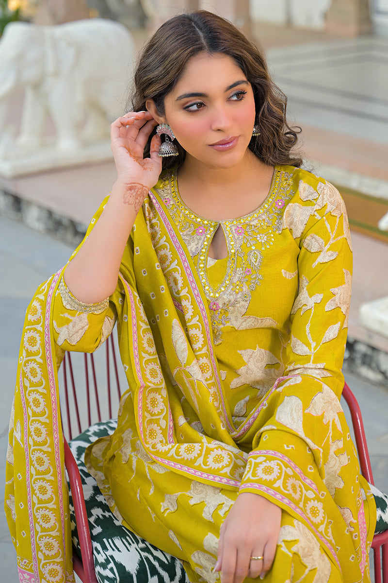 Yellow Viscose Rayon Floral Printed Straight Kurta Trousers With Dupatta | SHOBITAM