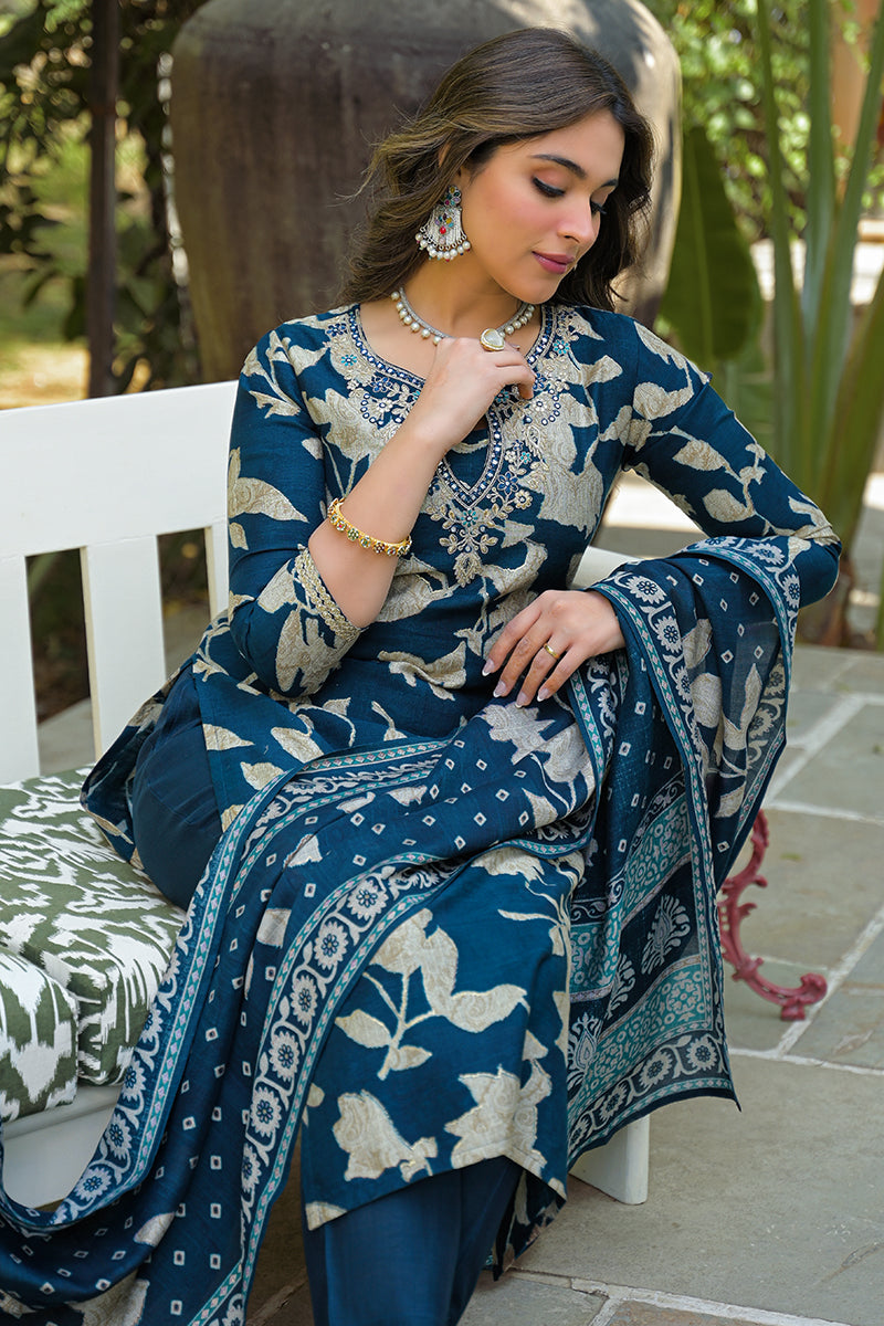 Navy Blue Viscose Rayon Floral Printed Straight Kurta Trousers With Dupatta | SHOBITAM