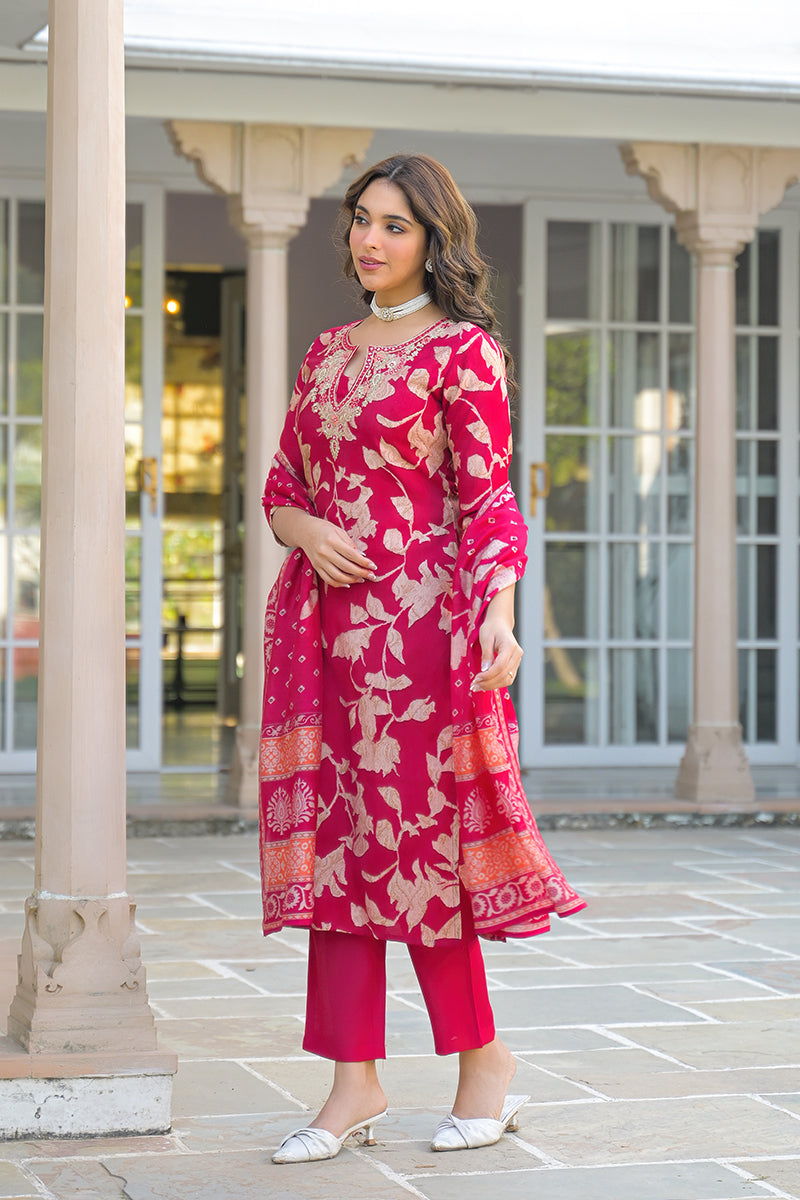 Red Viscose Rayon Embroidered Straight Kurta Trousers With Dupatta | SHOBITAM