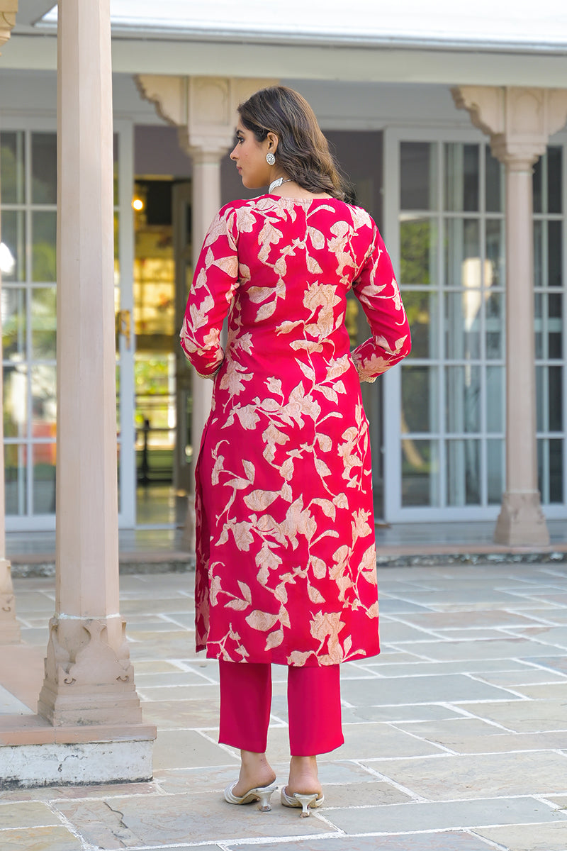 Red Viscose Rayon Embroidered Straight Kurta Trousers With Dupatta | SHOBITAM