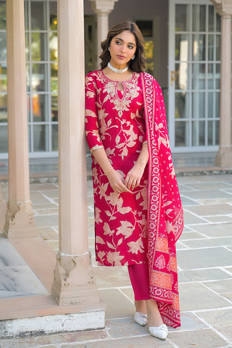Red Viscose Rayon Embroidered Straight Kurta Trousers With Dupatta | SHOBITAM