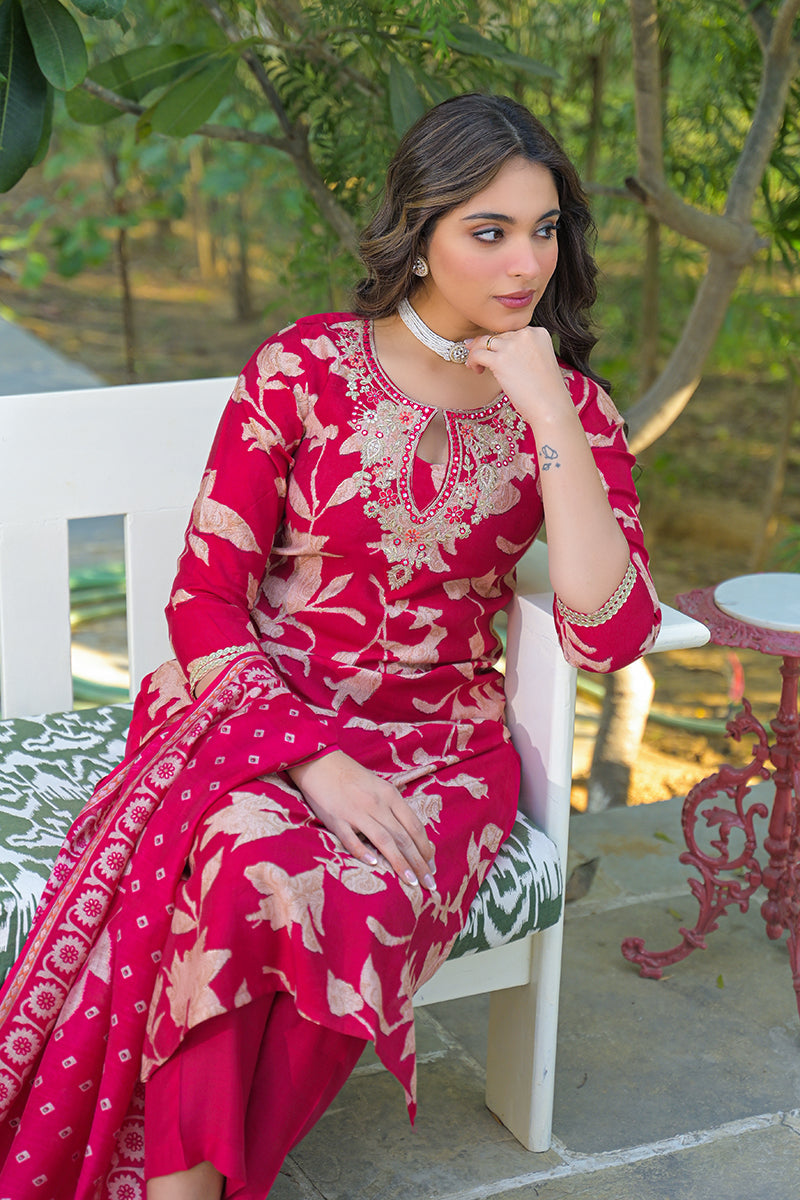 Red Viscose Rayon Embroidered Straight Kurta Trousers With Dupatta | SHOBITAM