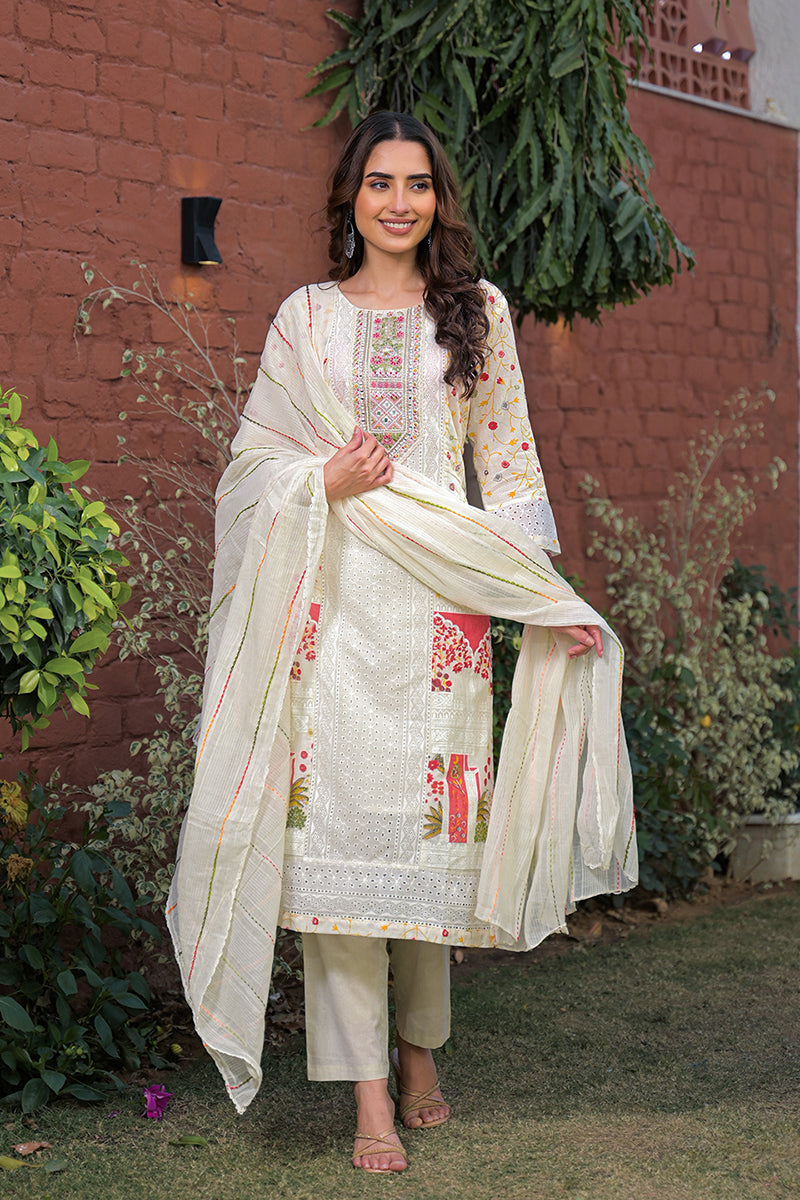 Cream Pure Cotton Ethnic Motifs Printed Straight Kurta Trousers With Dupatta | SHOBITAM