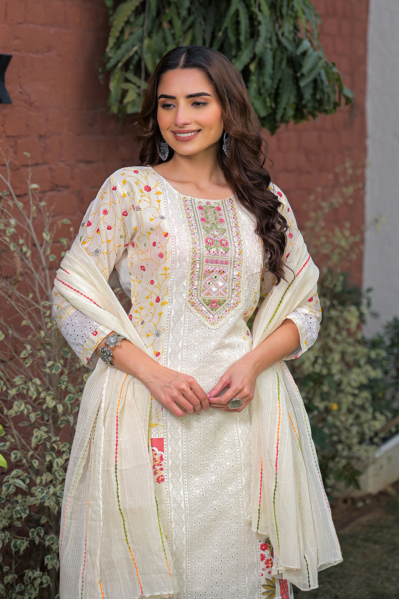 Cream Pure Cotton Ethnic Motifs Printed Straight Kurta Trousers With Dupatta | SHOBITAM
