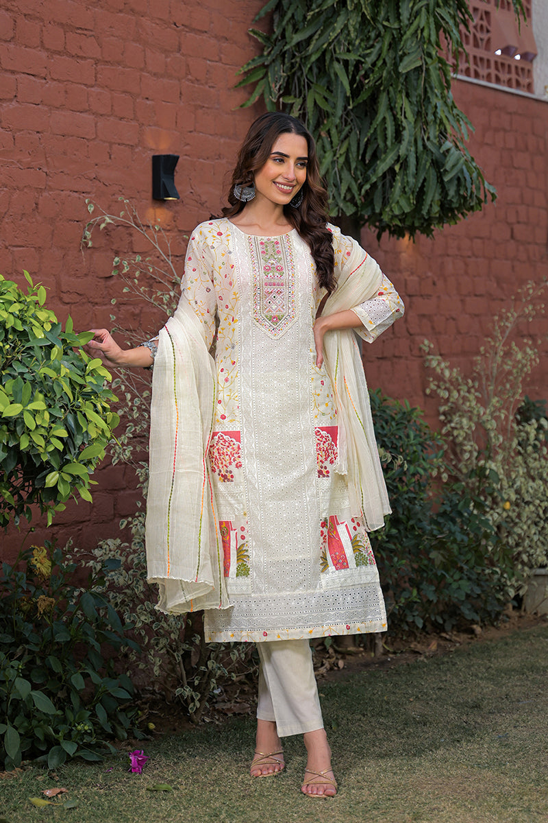 Cream Pure Cotton Ethnic Motifs Printed Straight Kurta Trousers With Dupatta | SHOBITAM
