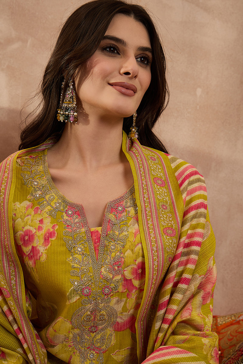 Yellow Polyester Floral Straight Kurta Trousers With Dupatta | SHOBITAM