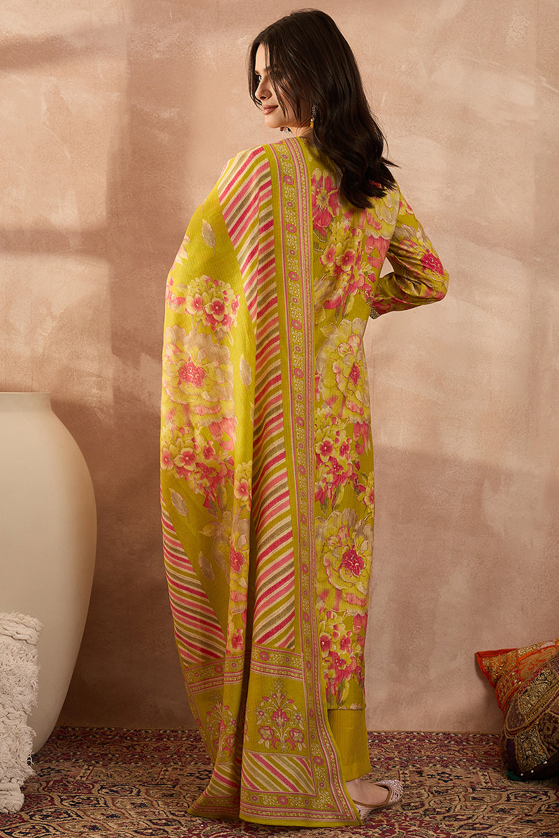 Yellow Polyester Floral Straight Kurta Trousers With Dupatta | SHOBITAM