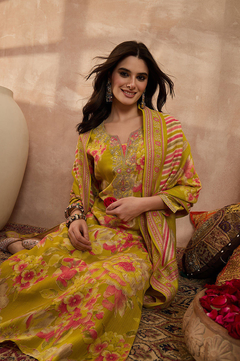 Yellow Polyester Floral Straight Kurta Trousers With Dupatta | SHOBITAM