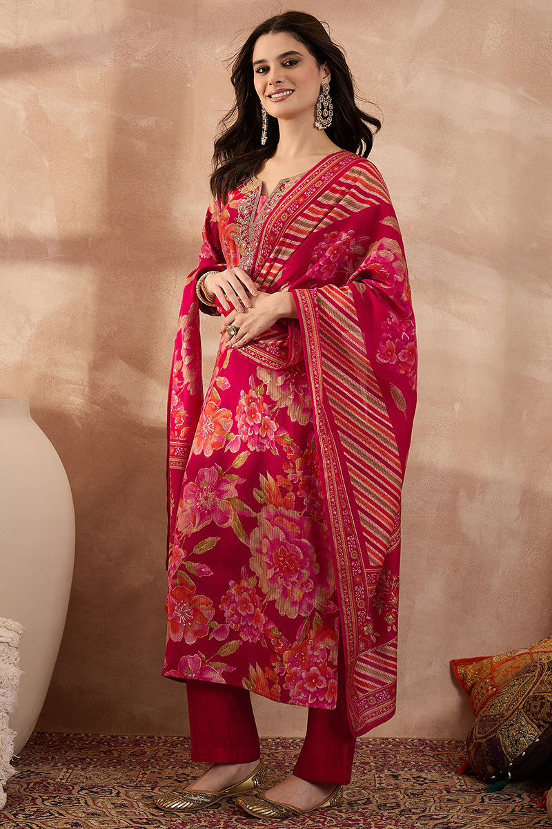 Pink Polyester Floral Printed Straight Kurta Trousers With Dupatta | SHOBITAM