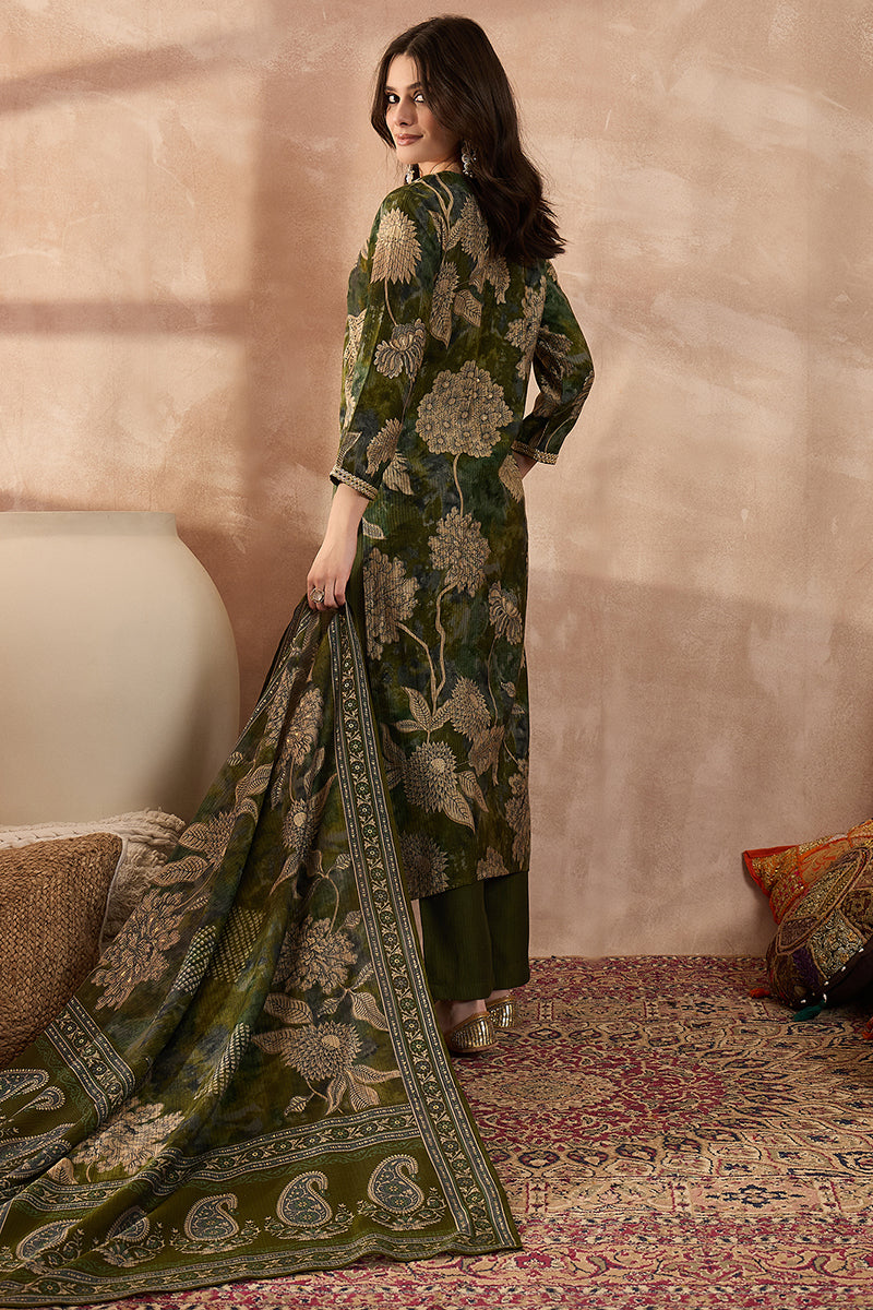Green Polyester Floral Printed Straight Kurta Trousers With Dupatta | SHOBITAM