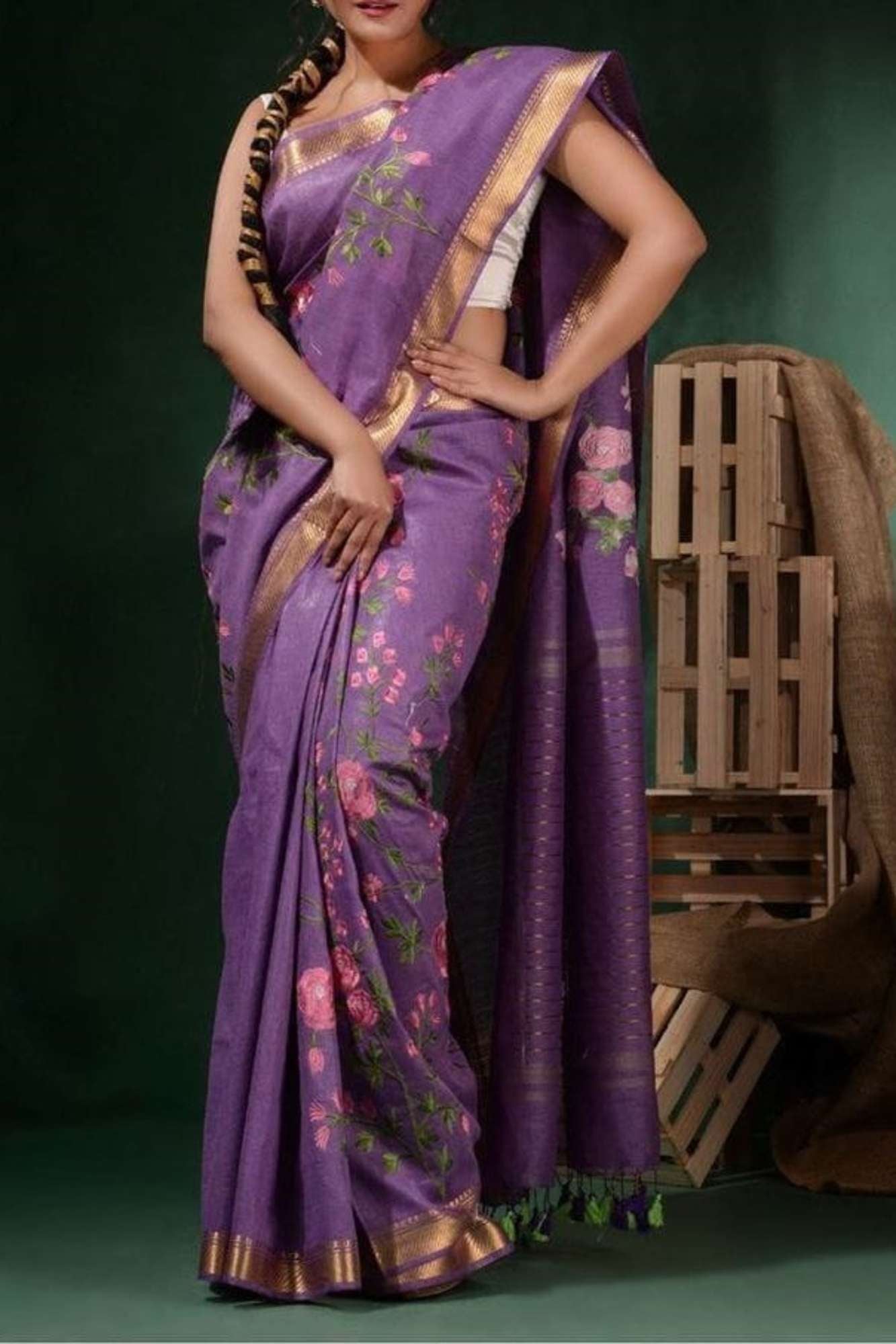 Linen Silk with Floral Embroidery & Golden Mangalgiri Zari Border Ready To Wear Saree