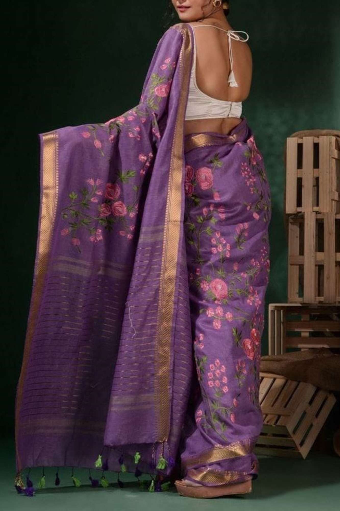 Linen Silk with Floral Embroidery & Golden Mangalgiri Zari Border Ready To Wear Saree