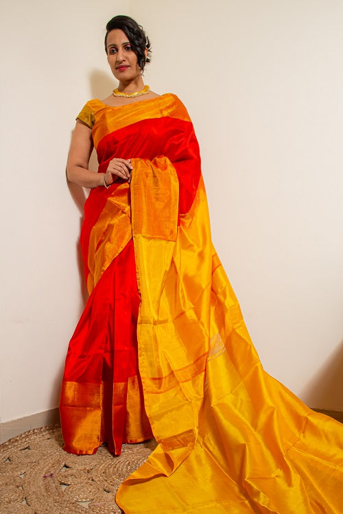 Divinity - Red Yellow Handwoven Silk Saree | SILK MARK CERTIFIED | Shobitam