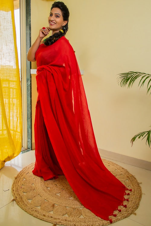 Watermelon Blush - Handloom Cotton Saree | Shobitam