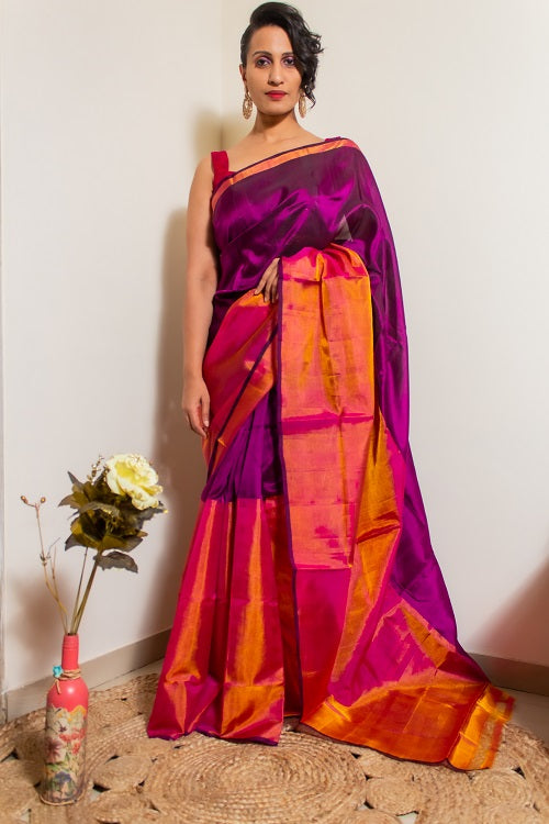 Vamika - Plum Handwoven Uppada Silk Saree | SILK MARK CERTIFIED | Shobitam